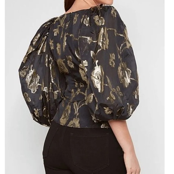 🆕 express Black gold metallic printed faux wrap front Blouse. - Picture 2 of 4
